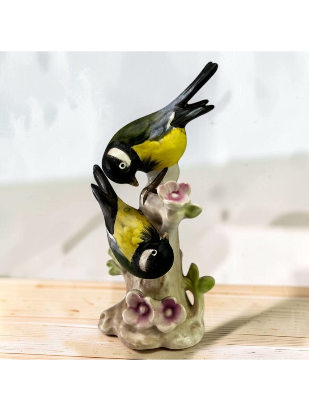 Goebel Great Titmouse Bird Figurine Pair With Flowers Germany 1970s Matte Finish